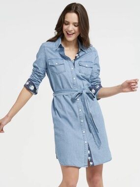 Draper James Blue Denim Chambray Tie Waist Button Front Shirtdress Dress Size 12